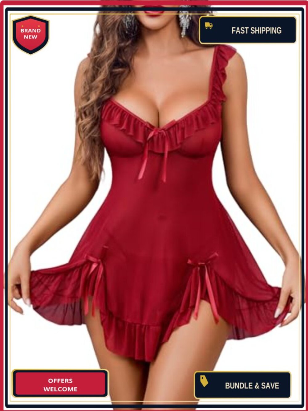 Avidlove Mesh Babydoll Lingerie Dress 2 Piece Ruffle Split Side